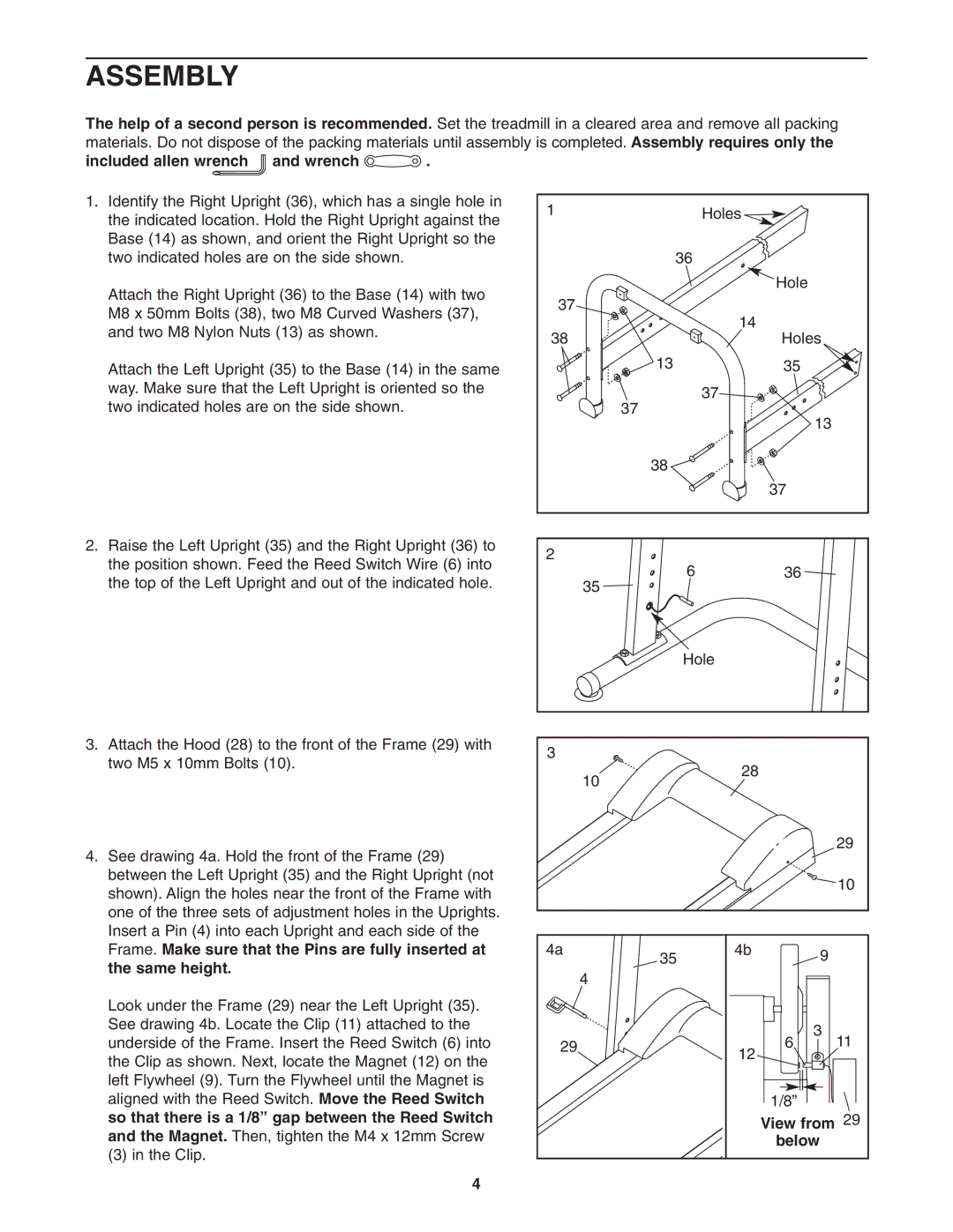 Weslo 831.291030 user manual Assembly, Included allen wrench and wrench, View from 29 bel ow 