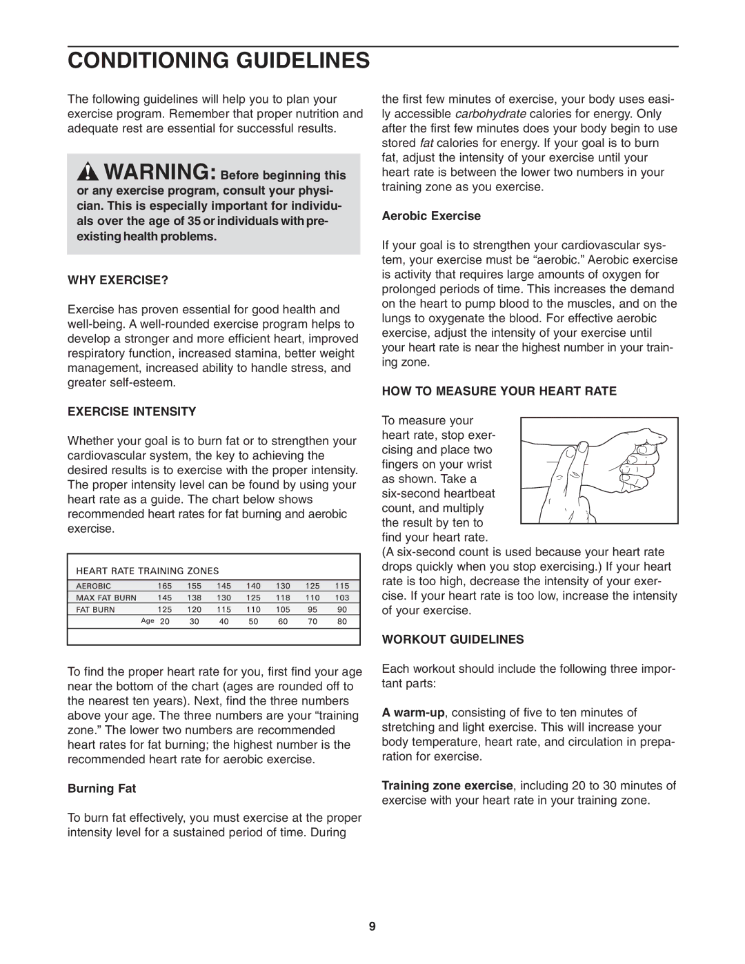 Weslo 831.291030 user manual Conditioning Guidelines, Why Exercise?, Exercise Intensity, HOW to Measure Your Heart Rate 