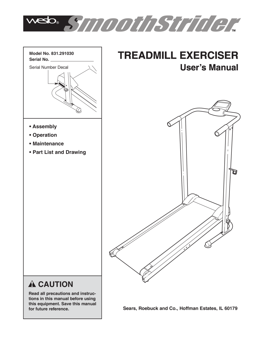 Weslo 831.291030 user manual Model No Serial No, Treadmill Exerciser, User’s Manual 