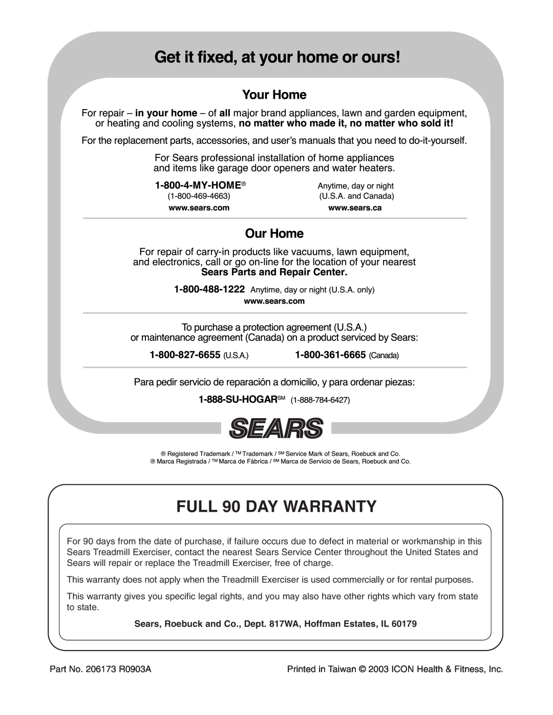 Weslo 831.291030 user manual FULL 90 DAY WARRANTY, Sears, Roebuck and Co., Dept. 817WA, Hoffman Estates, IL 