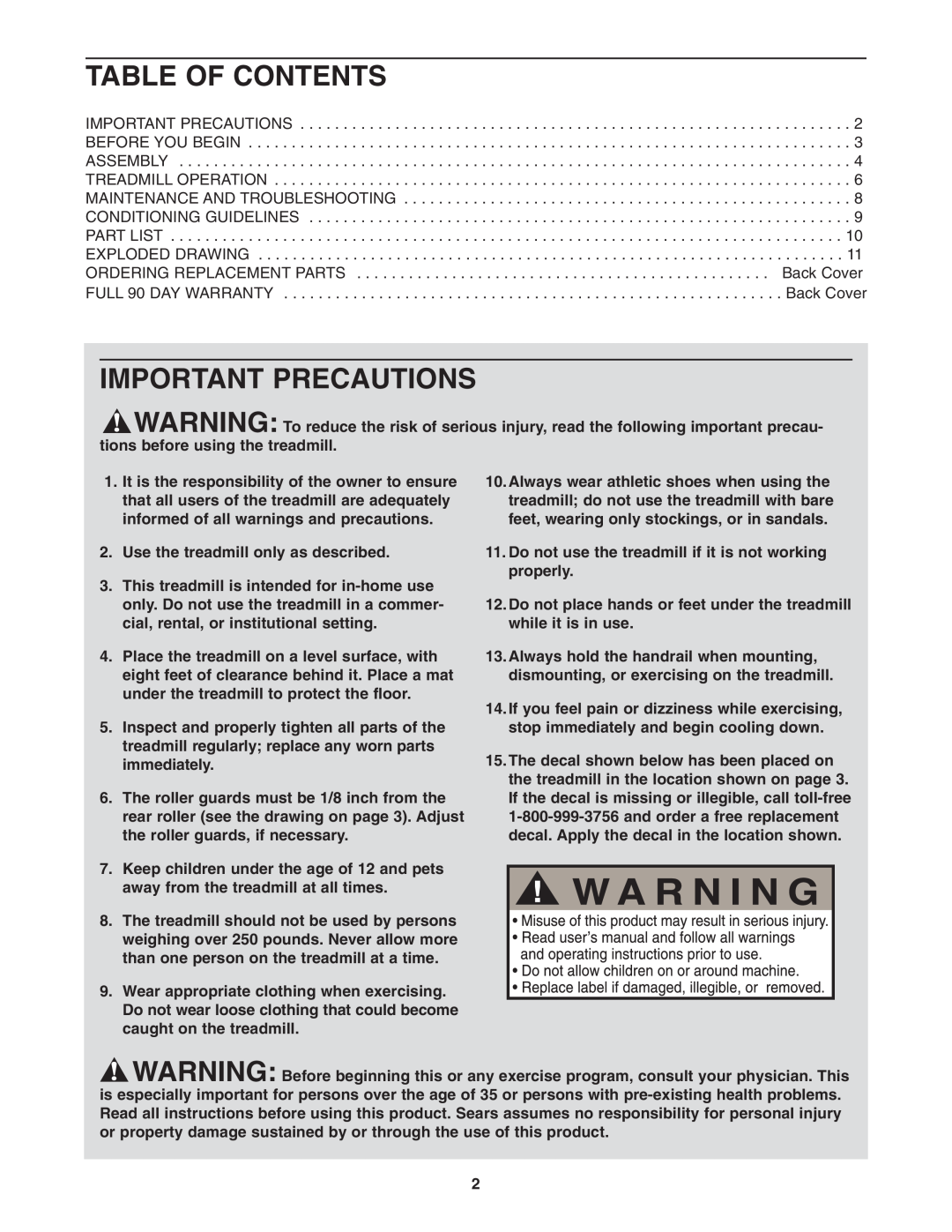 Weslo 831.291030 user manual Table Of Contents, Important Precautions, Use the treadmill only as described 