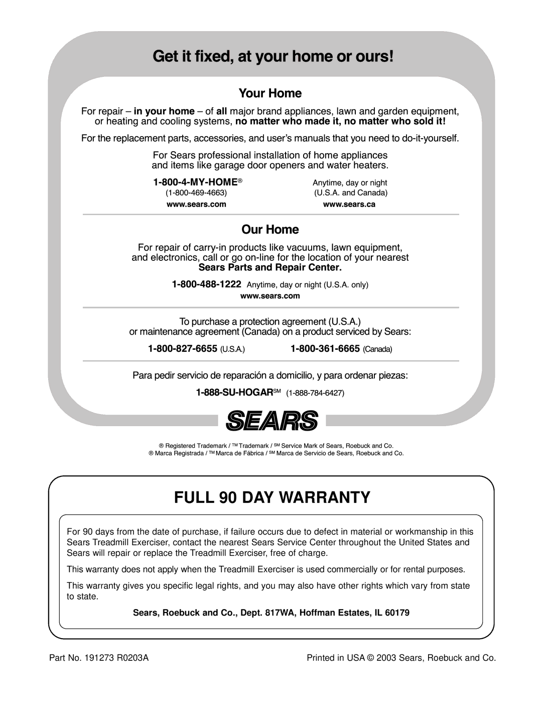 Weslo 831.293020 user manual Full 90 DAY Warranty, Sears, Roebuck and Co., Dept WA, Hoffman Estates, IL 