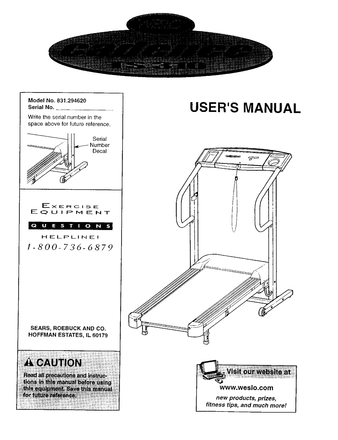 Weslo 831.29462 user manual Model No Serial No, SEARS, Roebuck and CO Hoffman ESTATES, IL 