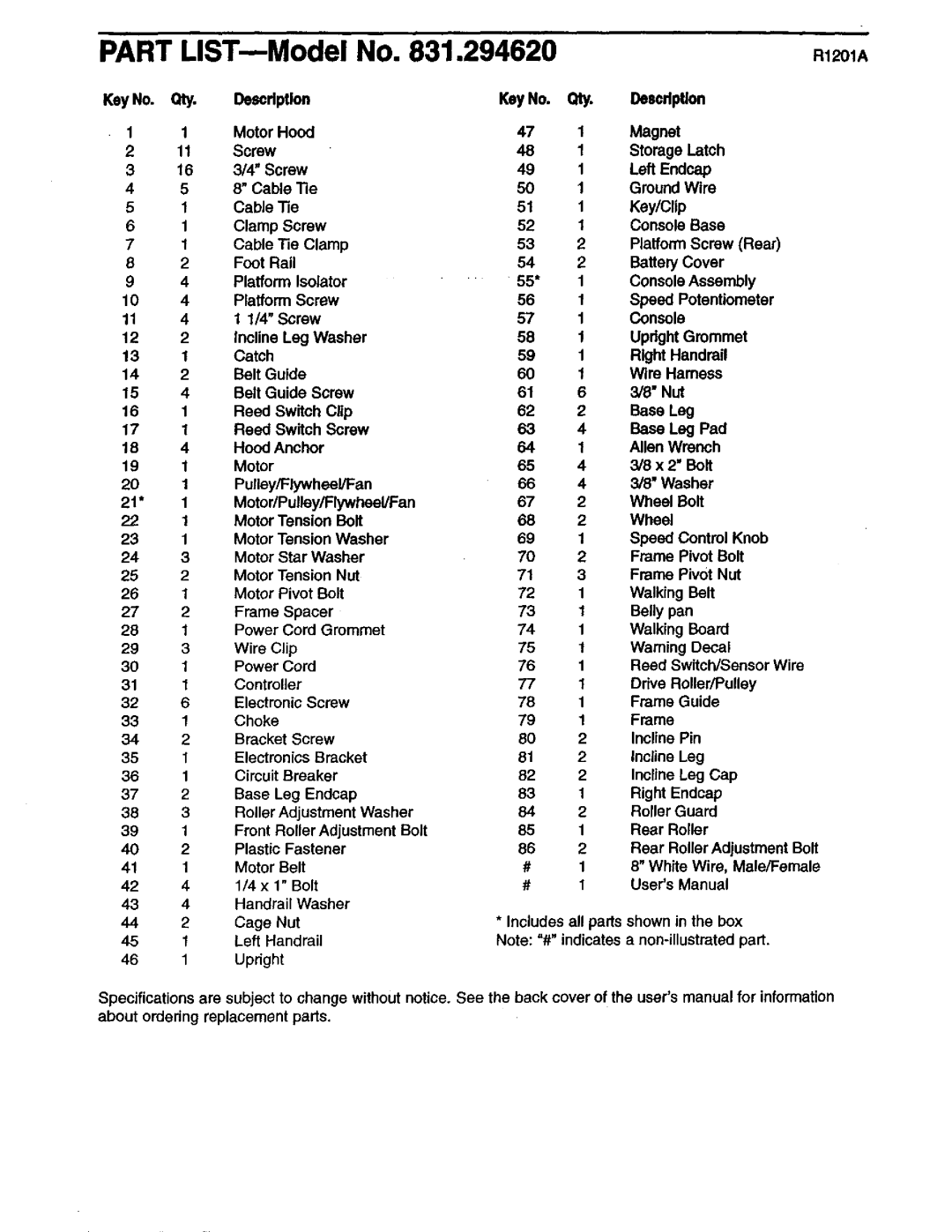 Weslo 831.29462 user manual Part LIST-Model 