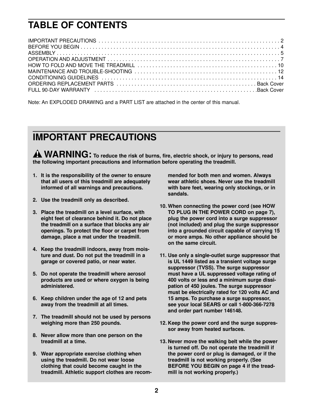 Weslo 831.294620 user manual Table of Contents, Important Precautions 