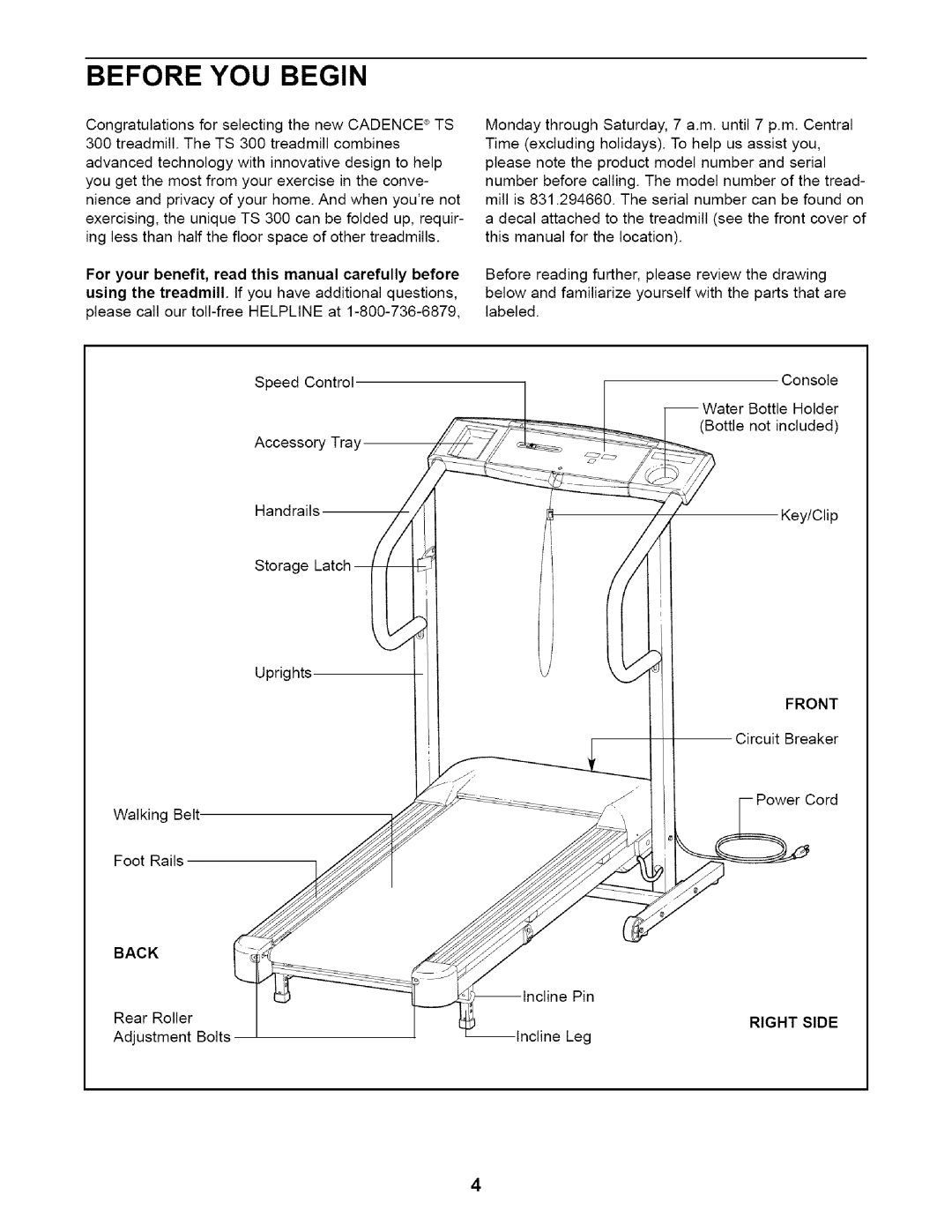 Weslo 831.29466 user manual Before YOU Begin, Back, Front, Right Side 