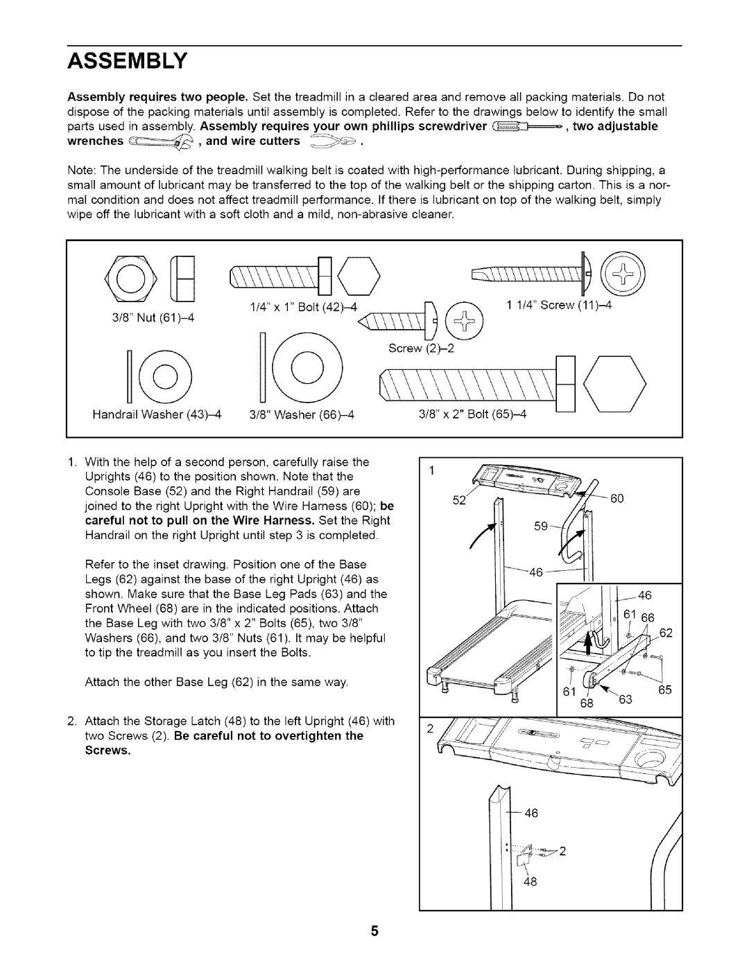 Weslo 831.29466 user manual Assembly, Careful not to pull on the Wire Harness. Set the Right, Screws 