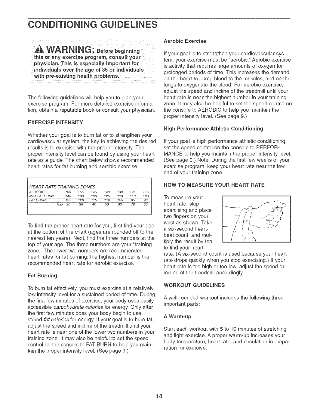 Weslo 831.29502 user manual CONDmONmNG, Guideunes, Exercise, HOW to Measure Your Heart Rate 