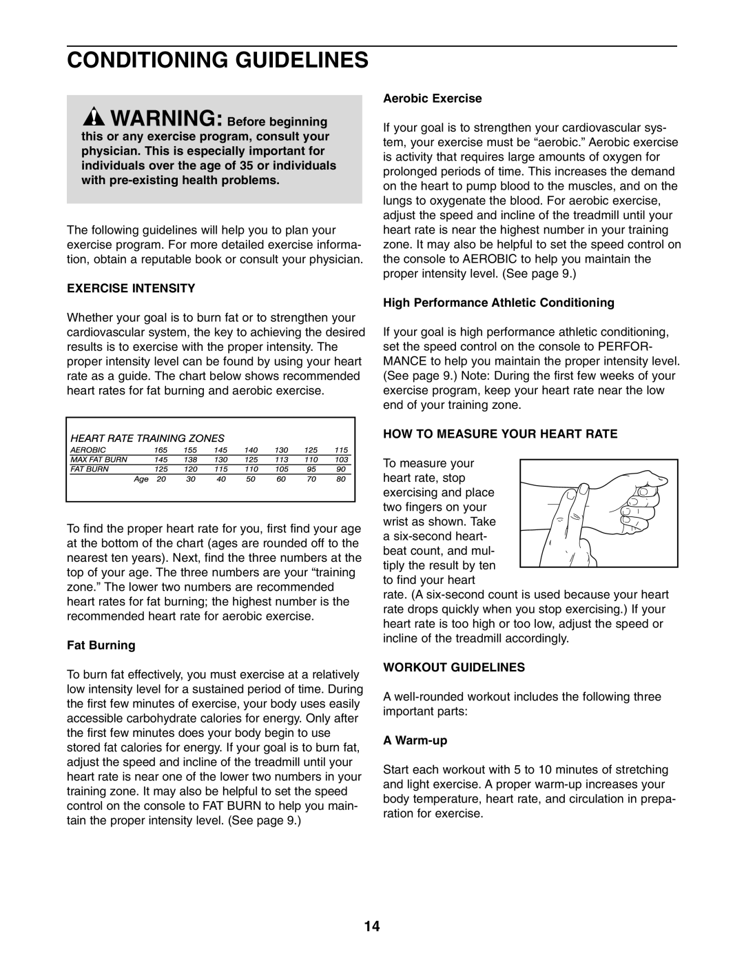 Weslo 831.295020 Conditioning Guidelines, Exercise Intensity, HOW to Measure Your Heart Rate, Workout Guidelines 