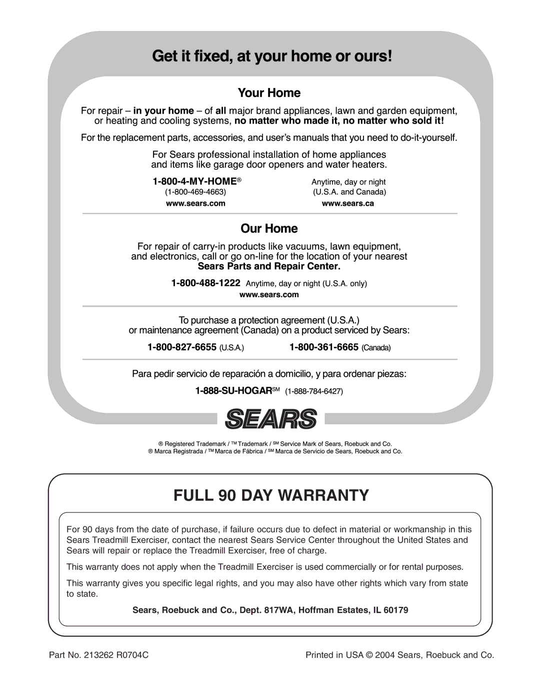 Weslo 831.295020 user manual Full 90 DAY Warranty, Sears, Roebuck and Co., Dept WA, Hoffman Estates, IL 