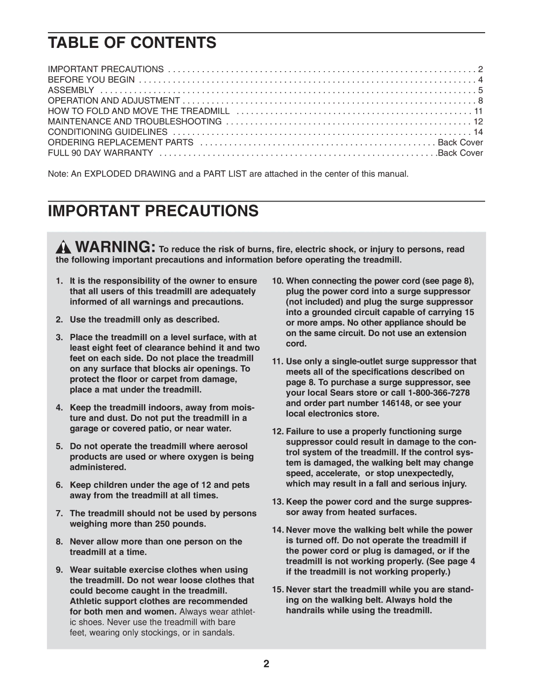 Weslo 831.295021 user manual Table of Contents, Important Precautions 