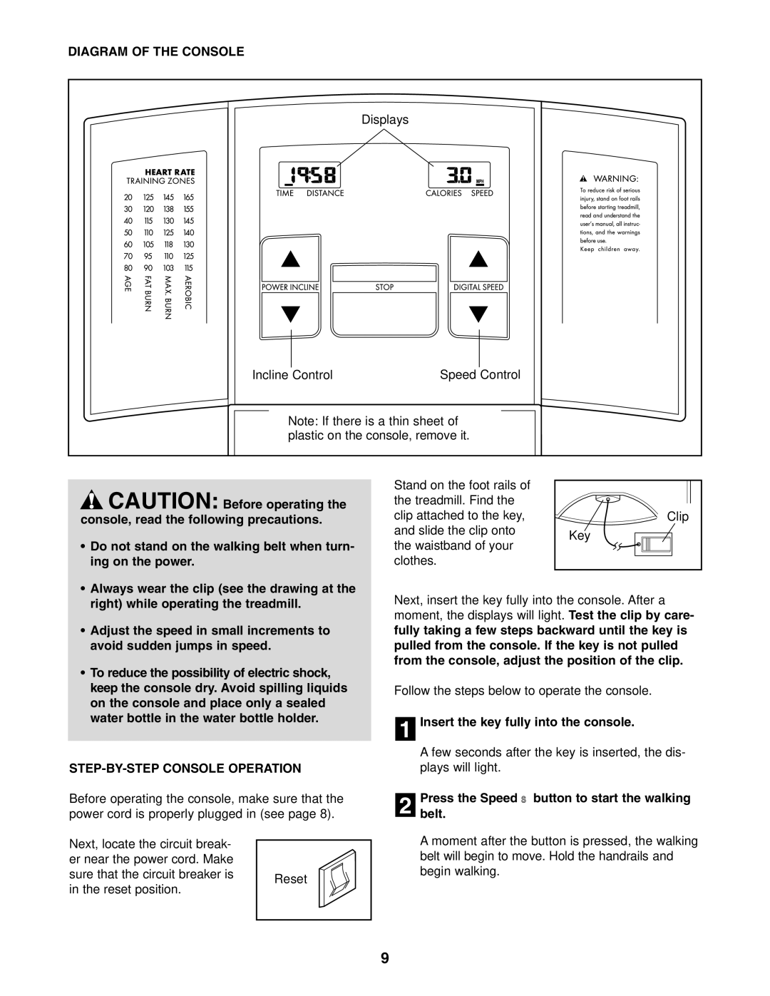 Weslo 831.295021 user manual Diagram of the Console, STEP-BY-STEP Console Operation, Insert the key fully into the console 