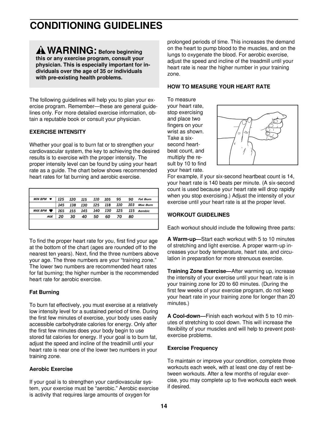 Weslo 831.297100 Conditioning Guidelines, HOW to Measure Your Heart Rate, Exercise Intensity, Workout Guidelines 