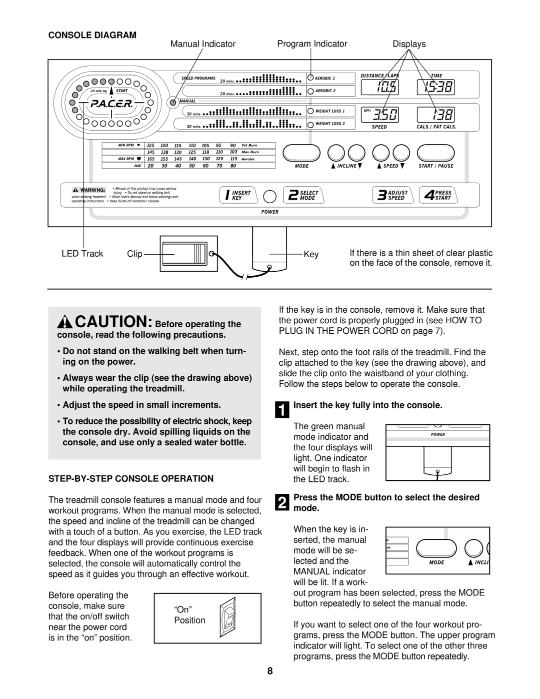 Weslo 831.297100 user manual Console Diagram, STEP-BY-STEP Console Operation, Insert the key fully into the console 