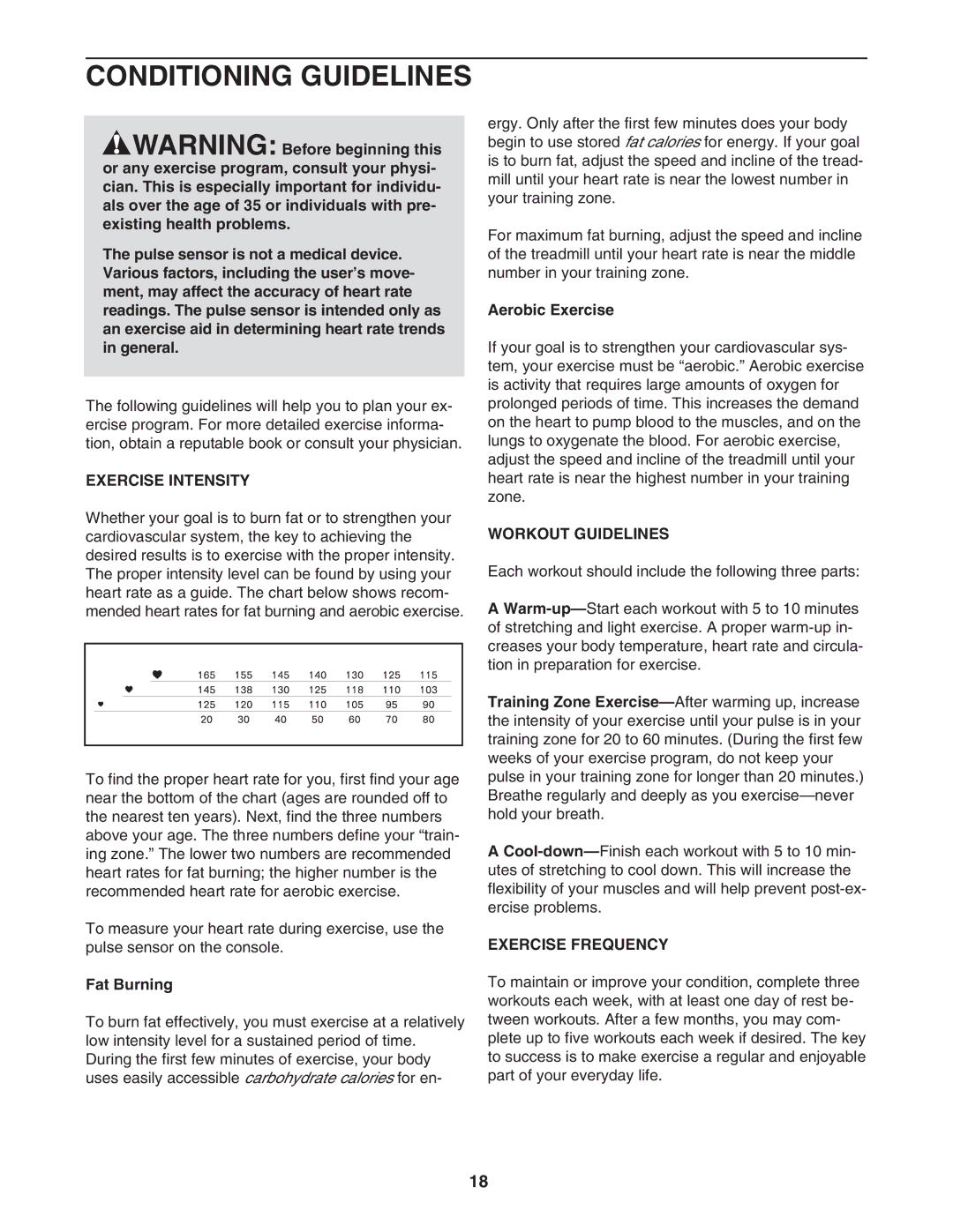 Weslo 85 user manual Conditioning Guidelines, Exercise Intensity, Workout Guidelines, Exercise Frequency 