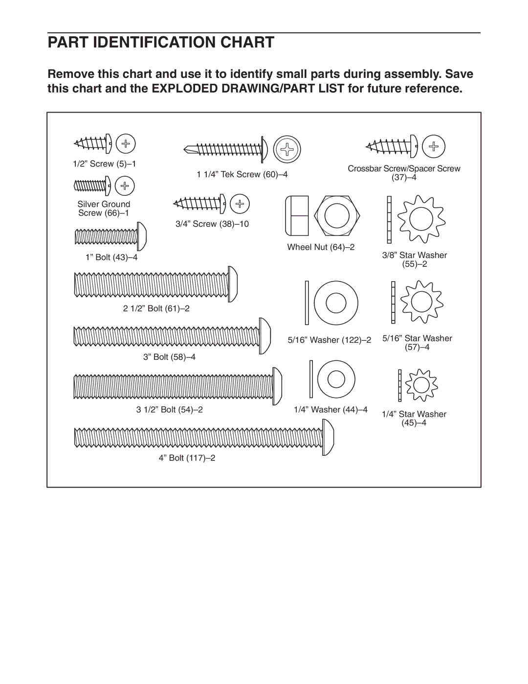 Weslo 85 user manual Part Identification Chart 