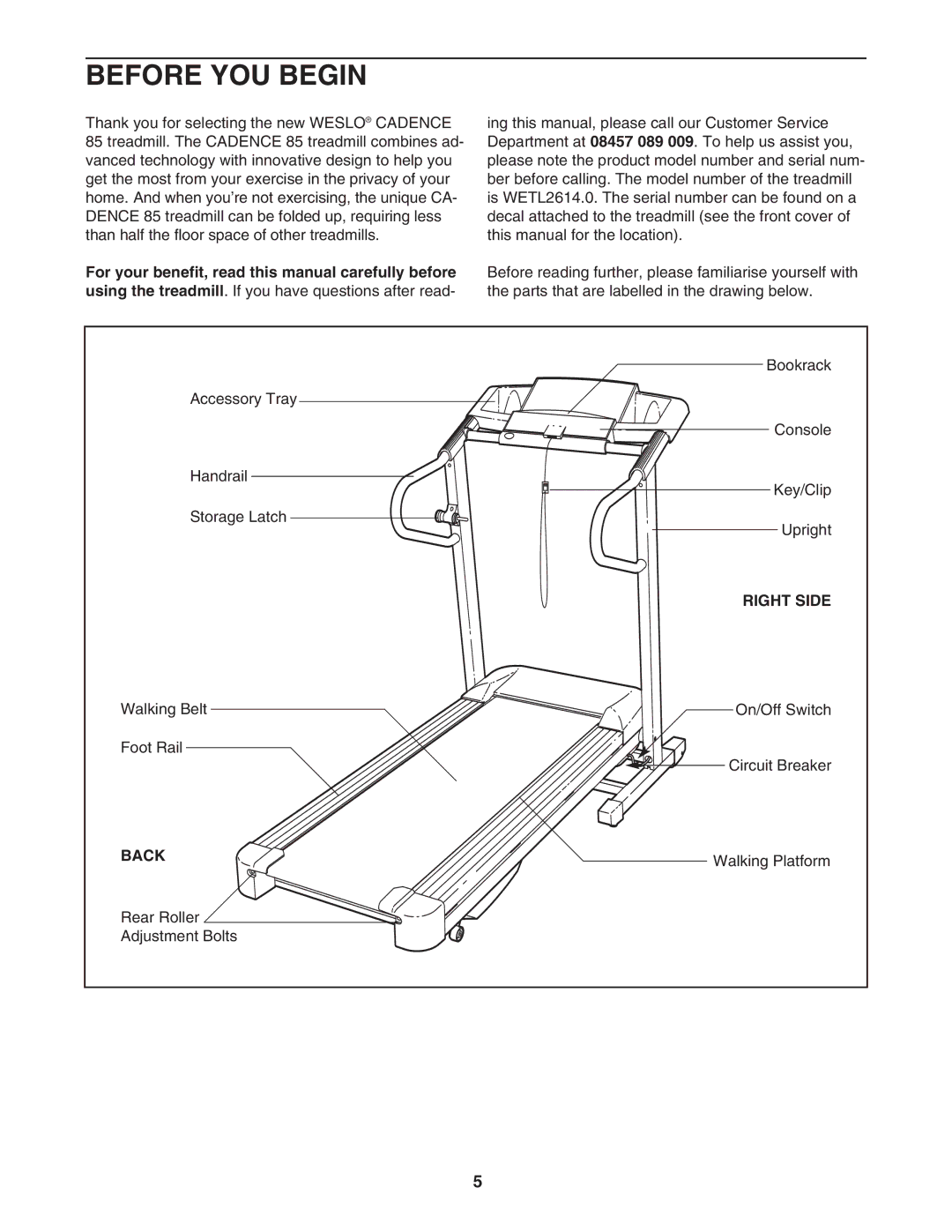 Weslo 85 user manual Before YOU Begin, Right Side, Back 