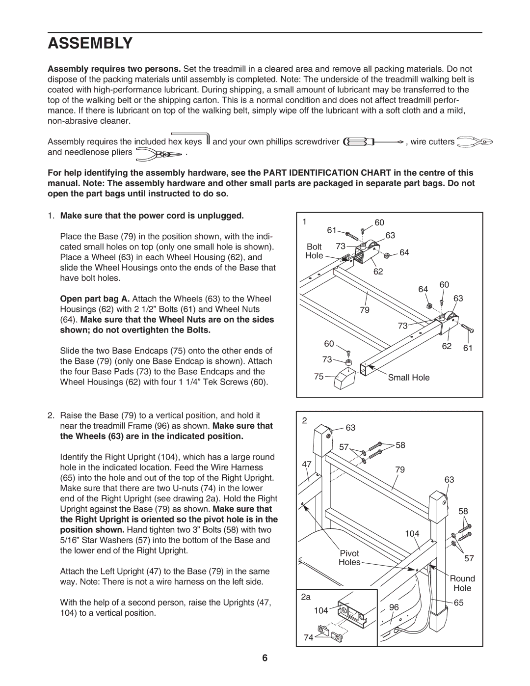 Weslo 85 user manual Assembly, Wheels 63 are in the indicated position, Right Upright is oriented so the pivot hole is 