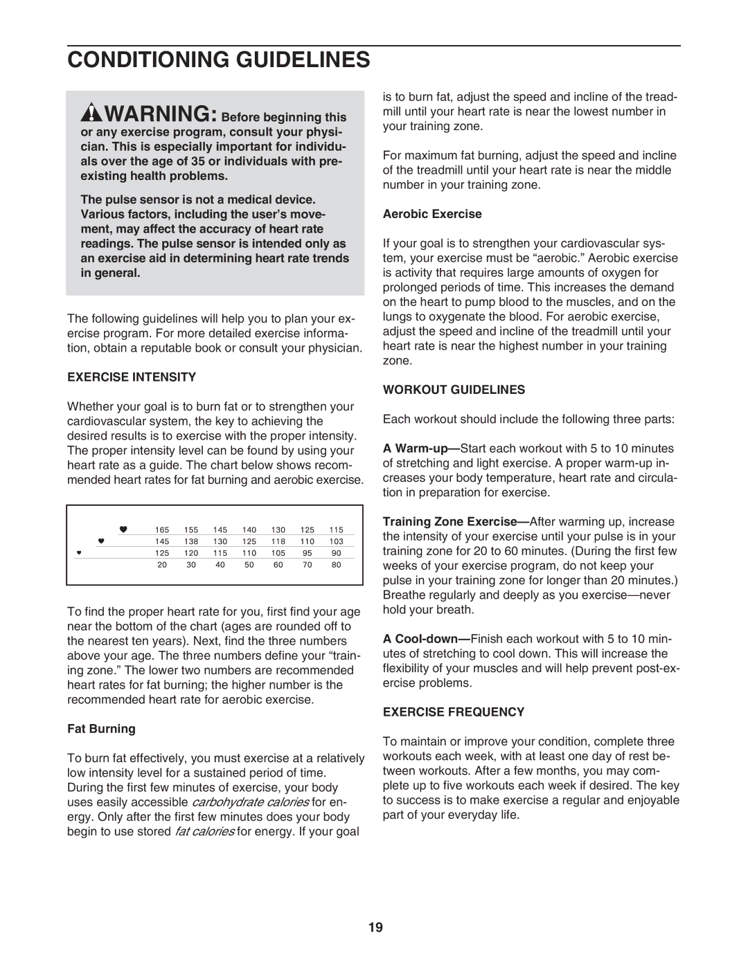 Weslo 900 user manual Conditioning Guidelines, Exercise Intensity, Workout Guidelines, Exercise Frequency 