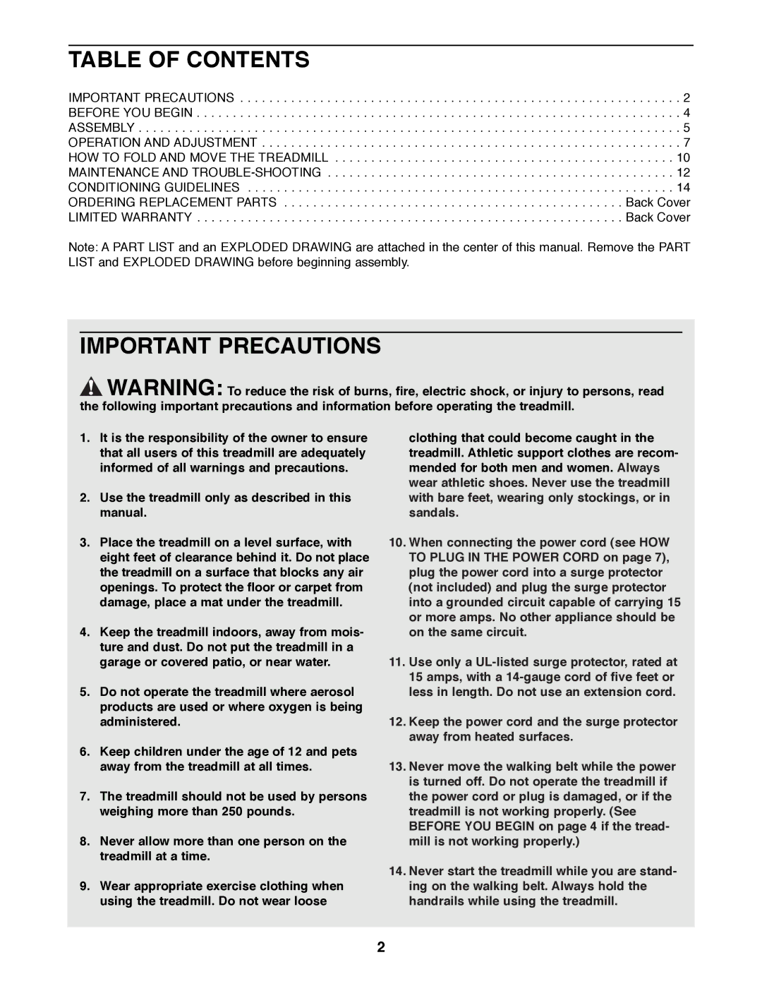 Weslo 925 user manual Table of Contents, Important Precautions 