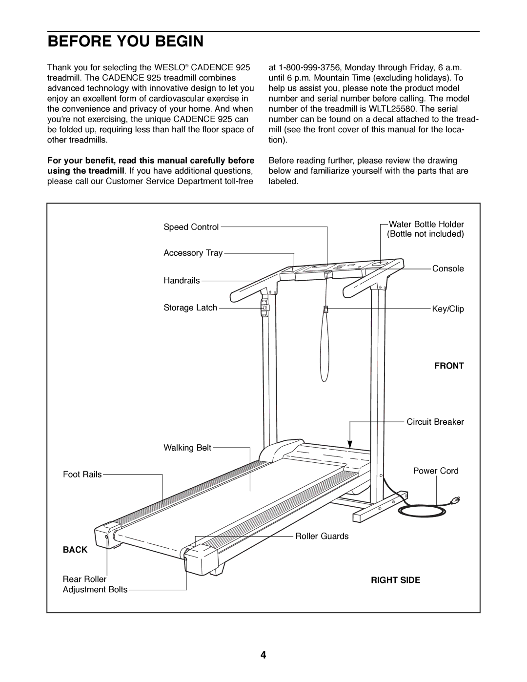 Weslo 925 user manual Before YOU Begin, Front, Back, Right Side 