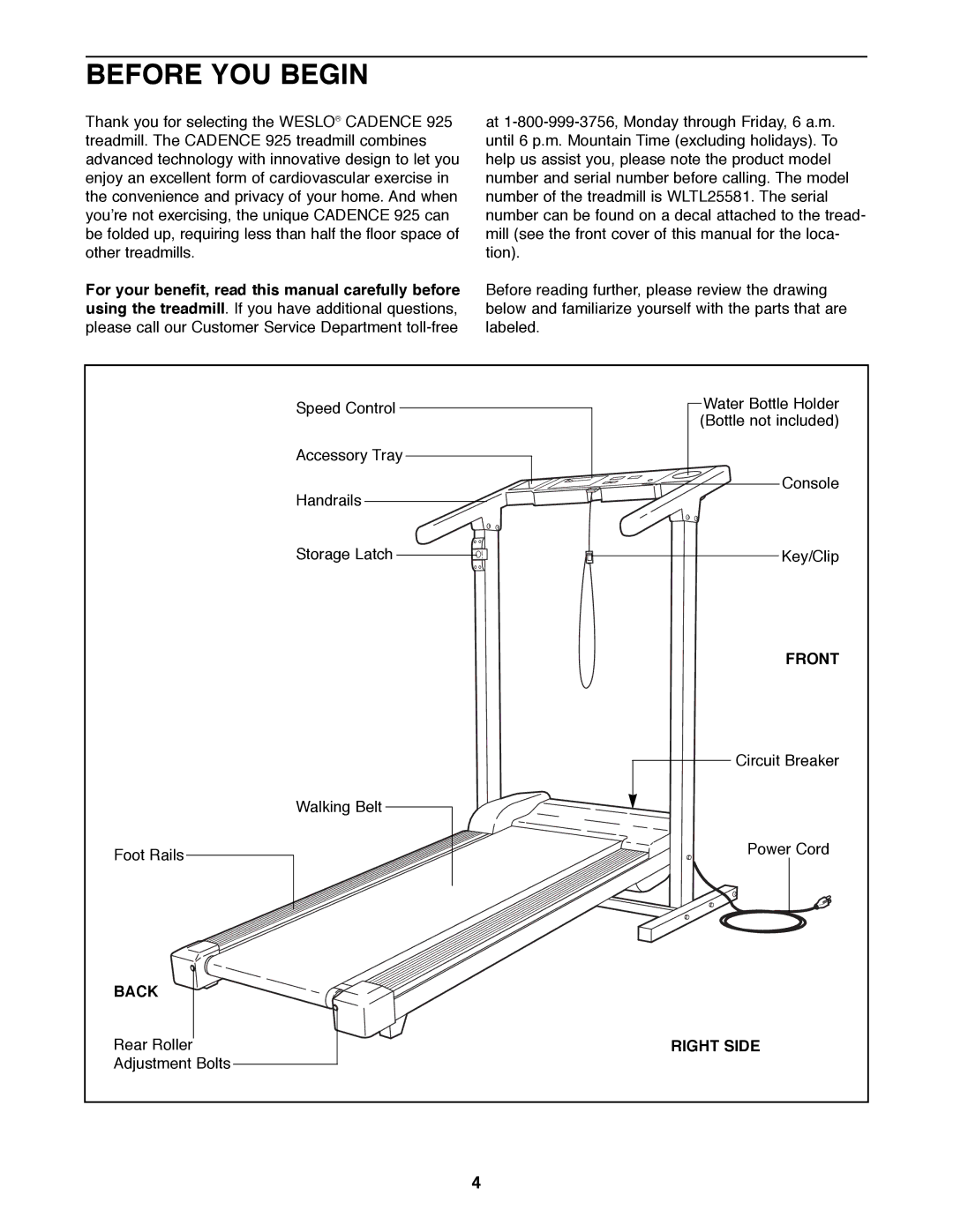 Weslo 925925 user manual Before YOU Begin, Front, Back, Right Side 