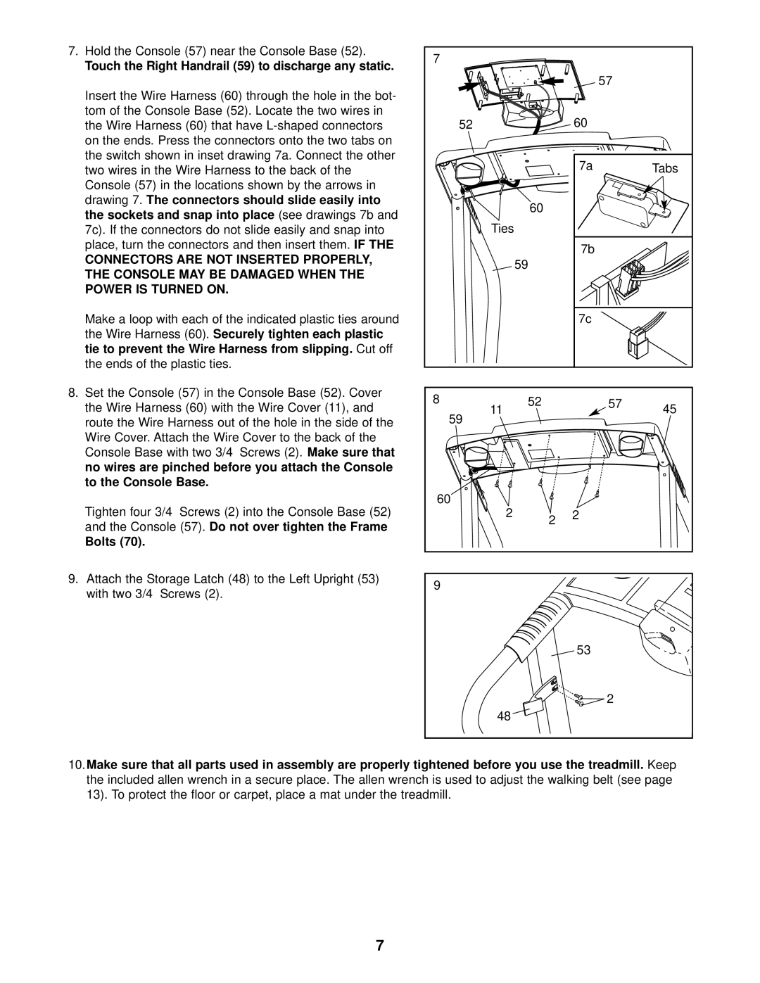 Weslo C32 user manual Touch the Right Handrail 59 to discharge any static, Bolts 