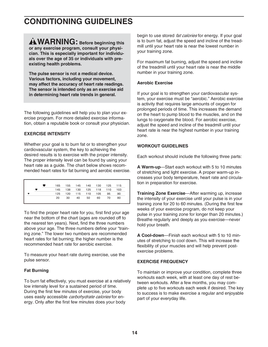 Weslo c42 user manual Conditioning Guidelines, Exercise Intensity, Workout Guidelines, Exercise Frequency 