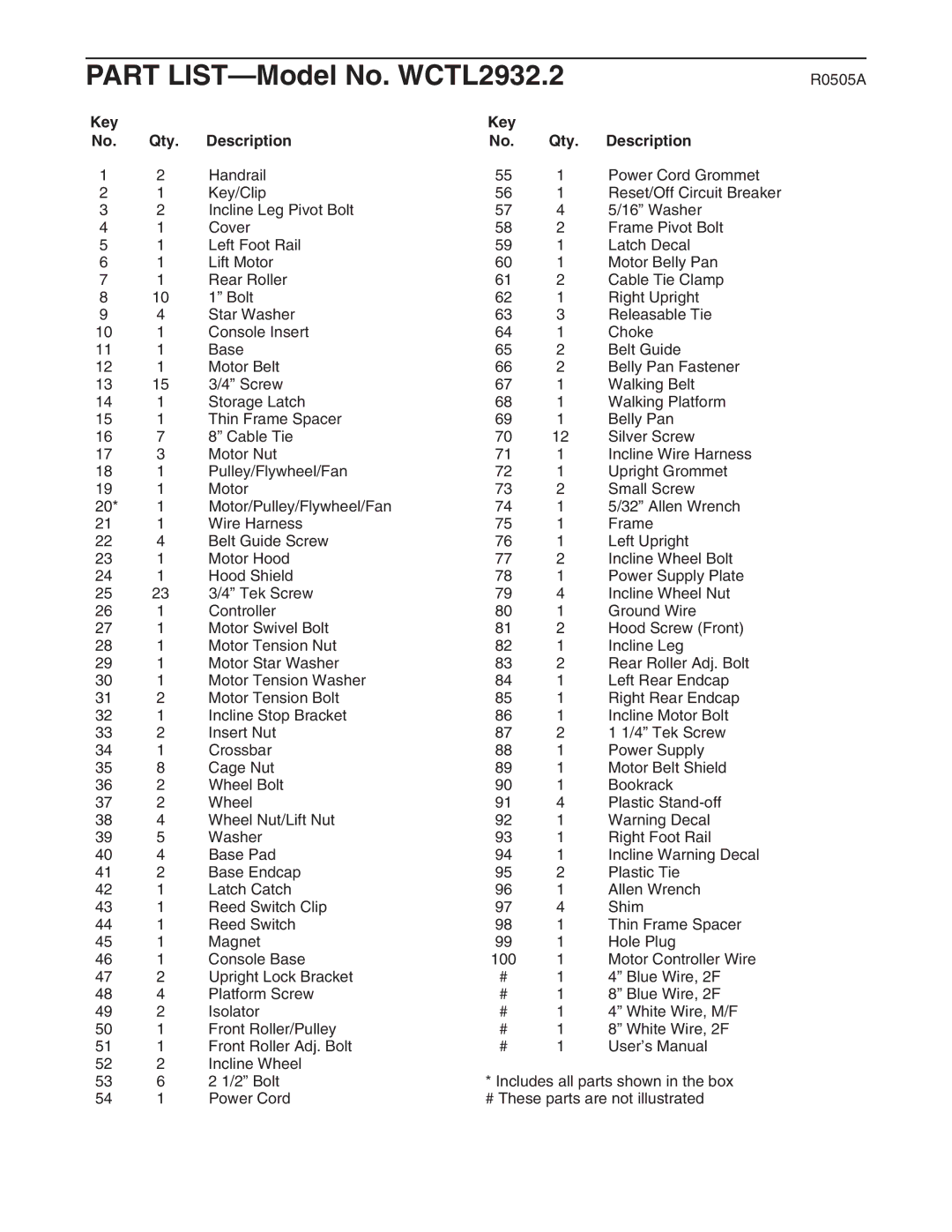 Weslo c42 user manual R0505A, Key Qty Description 