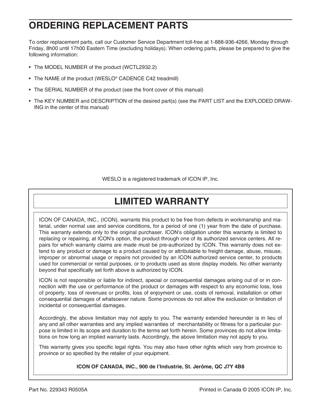 Weslo c42 user manual Ordering Replacement Parts, Limited Warranty 