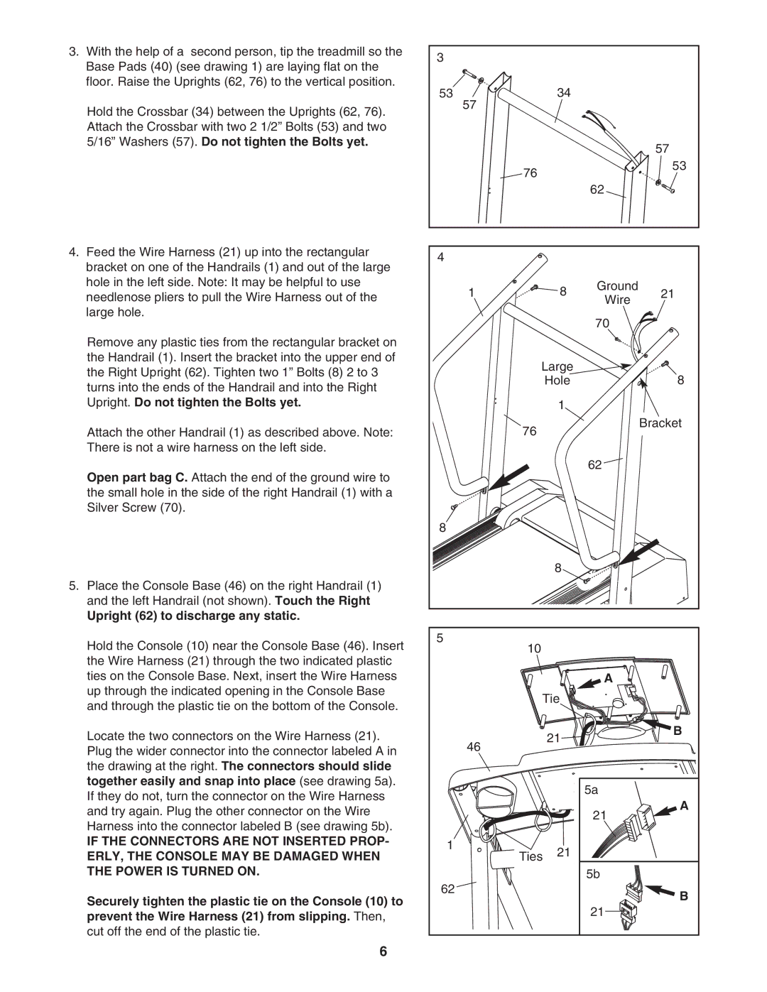 Weslo c42 user manual Upright 62 to discharge any static, Ground Wire Large Hole Bracket Tie Ties 