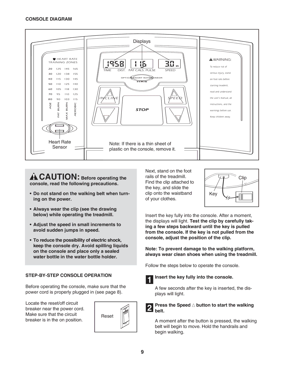 Weslo c42 user manual Console Diagram, STEP-BY-STEP Console Operation, Insert the key fully into the console 