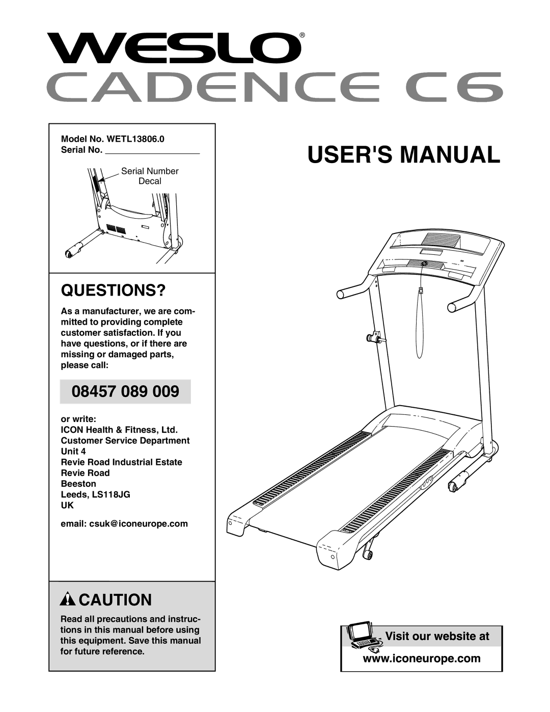 Weslo c6 user manual Questions?, Model No. WETL13806.0 Serial No 