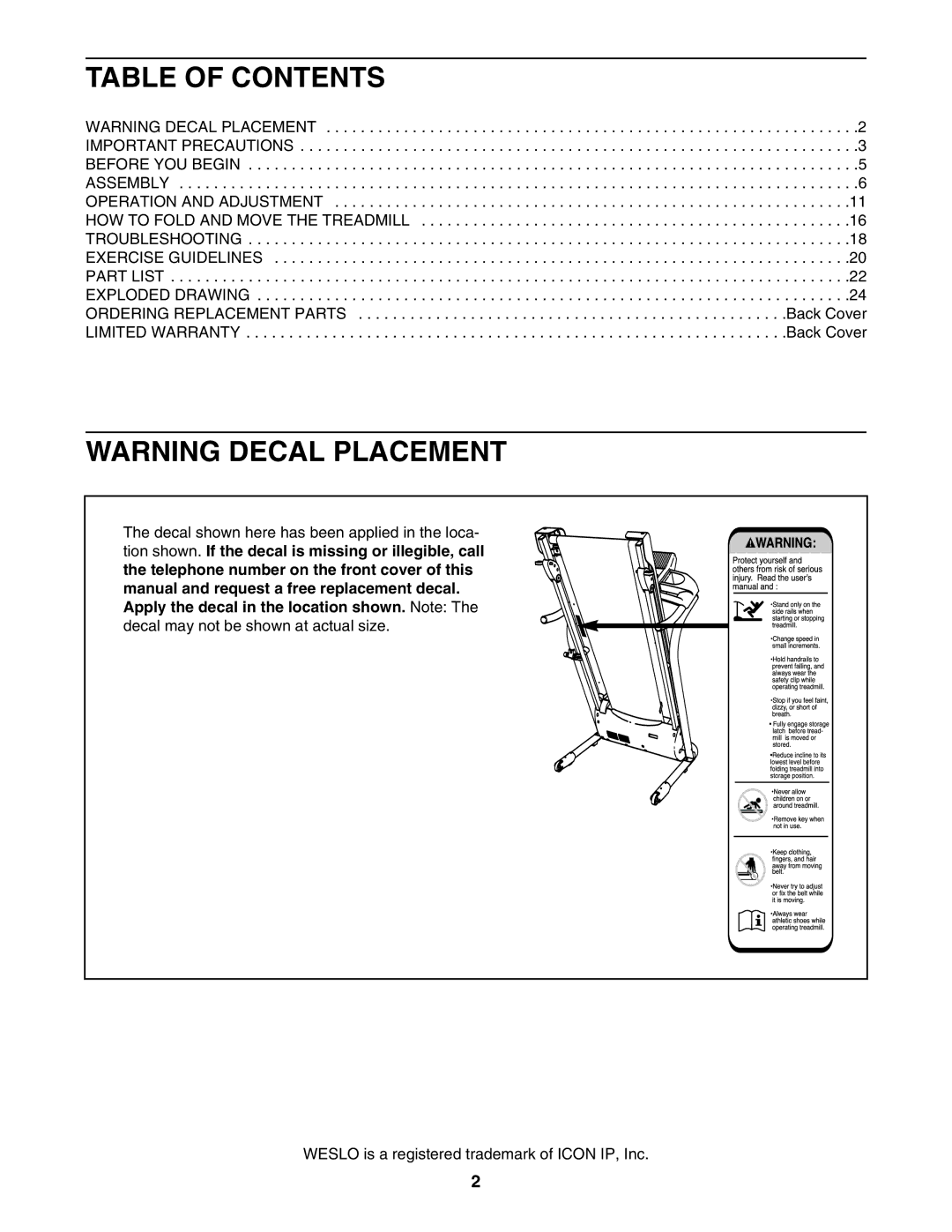 Weslo cadence 25 user manual Table of Contents 