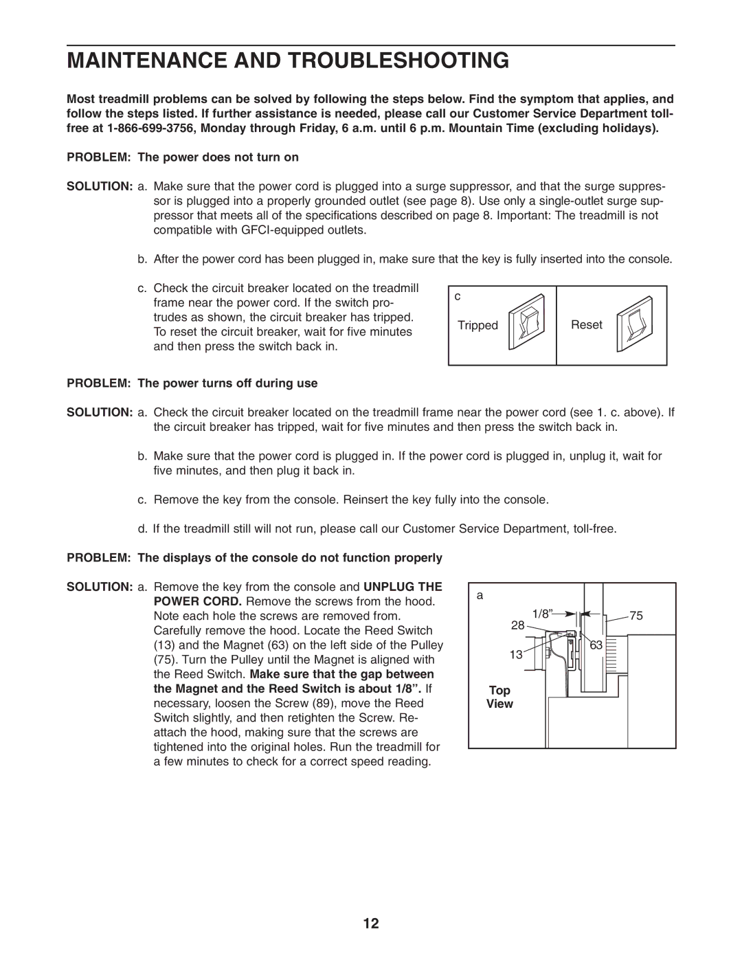 Weslo cadence 255dr user manual Maintenance and Troubleshooting, Problem The power turns off during use, Top View 