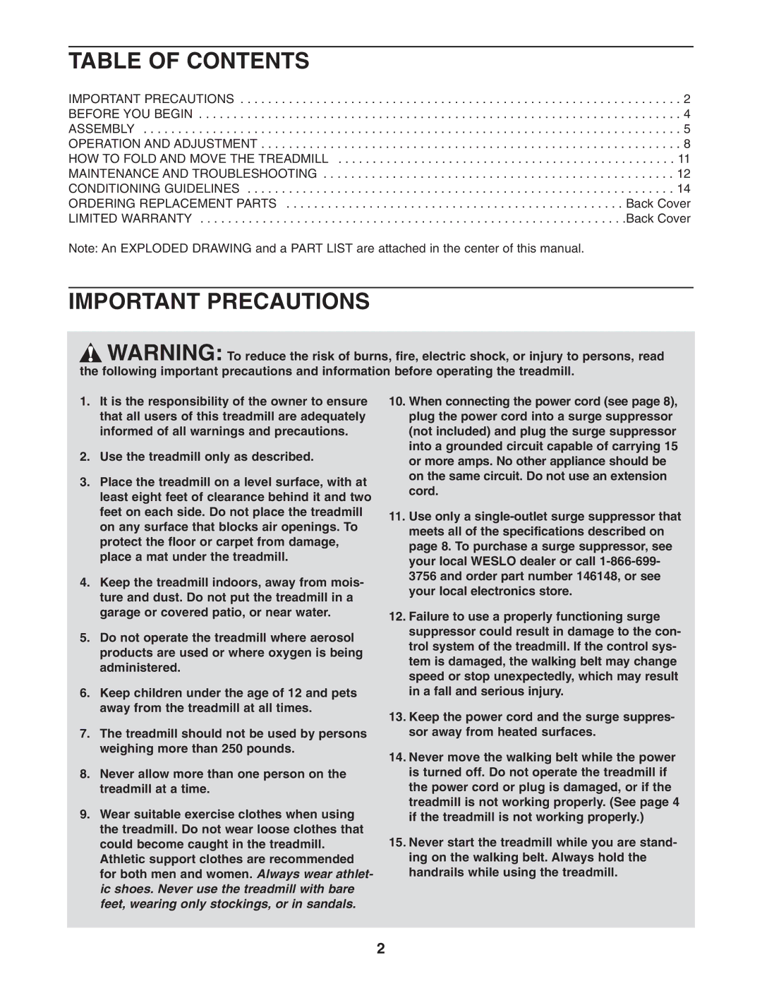 Weslo cadence 255dr user manual Table of Contents, Important Precautions 