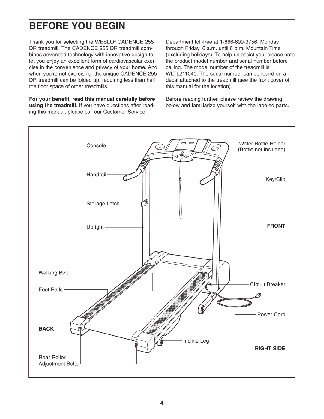 Weslo cadence 255dr user manual Before YOU Begin, Front, Back, Right Side 