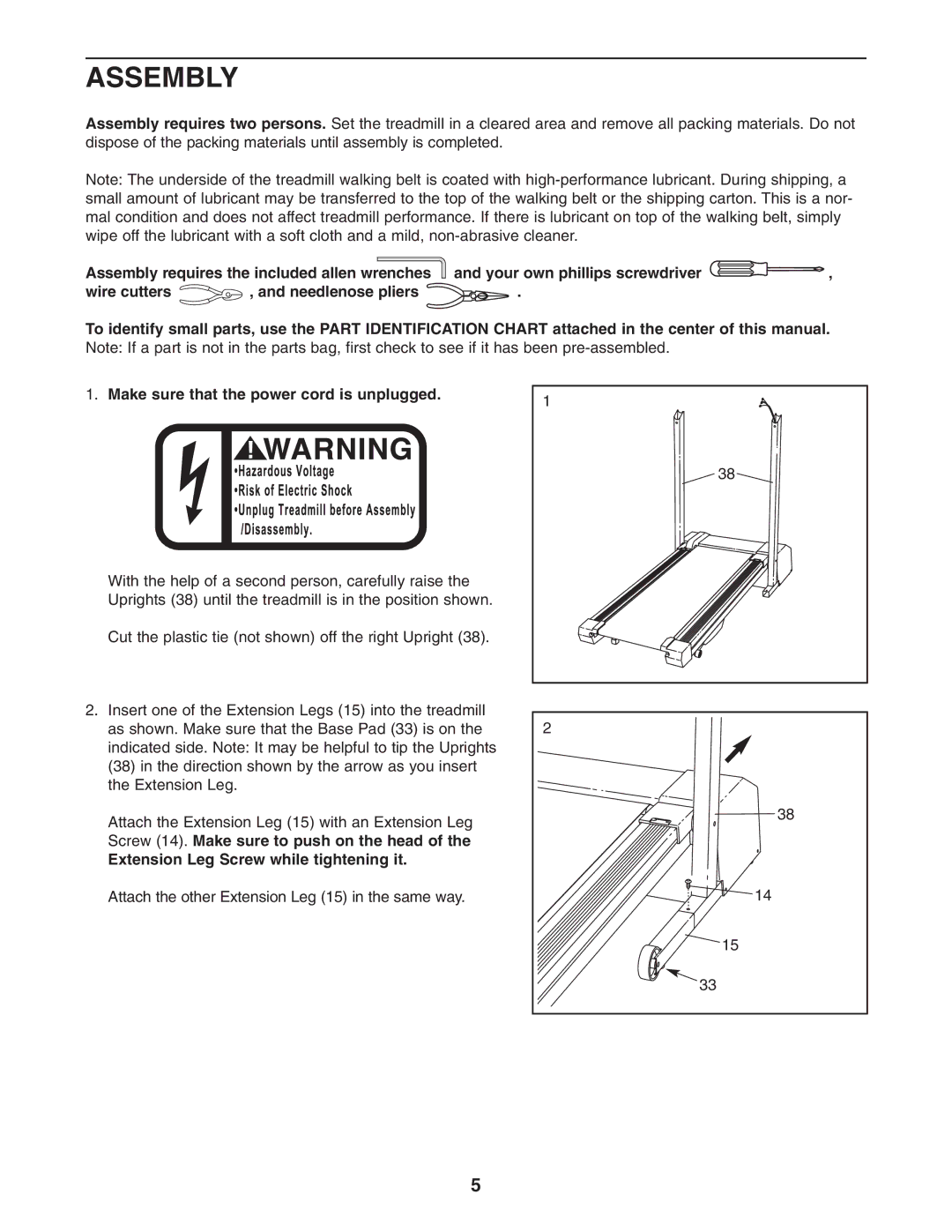 Weslo cadence 255dr user manual Assembly requires the included allen wrenches, Extension Leg Screw while tightening it 