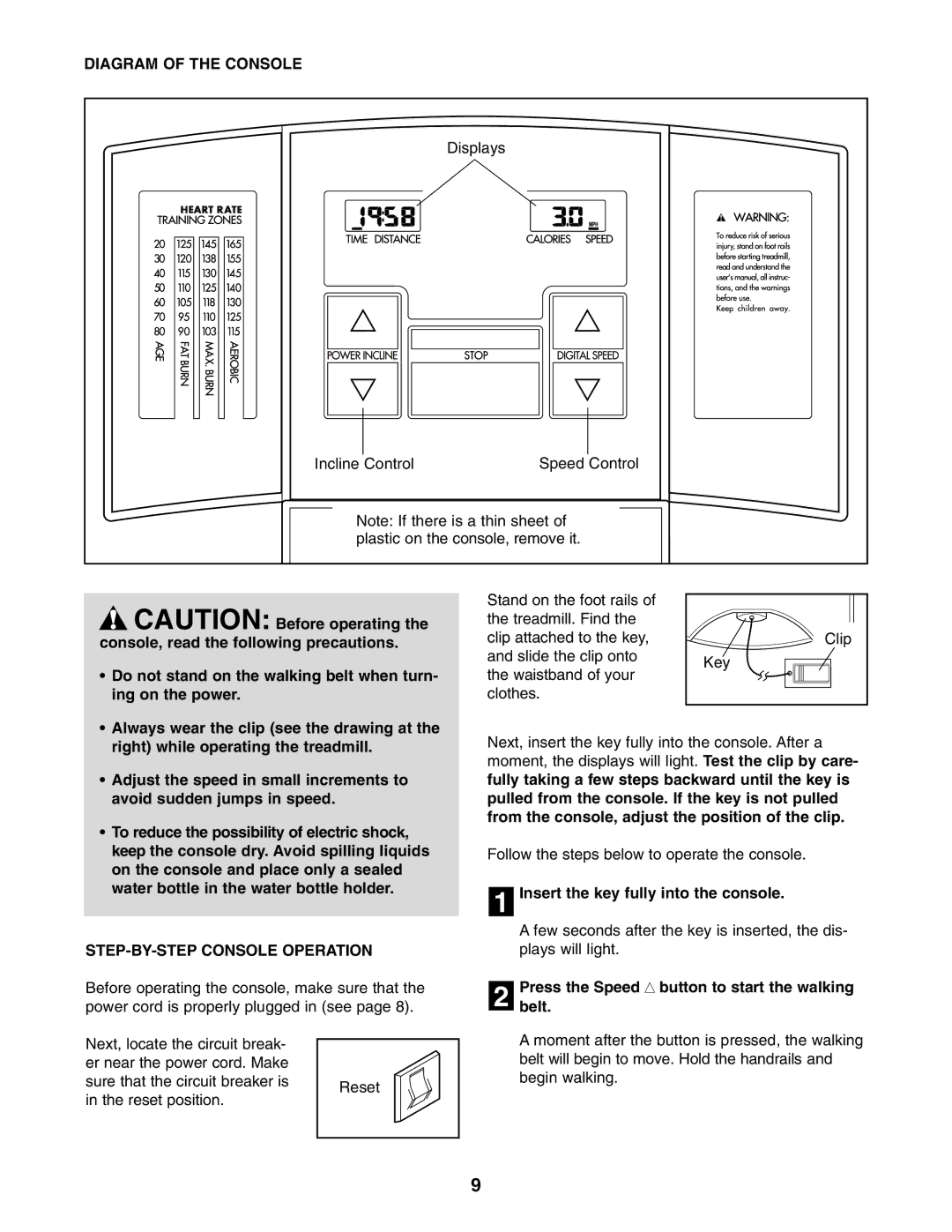 Weslo cadence 255dr Diagram of the Console, STEP-BY-STEP Console Operation, Insert the key fully into the console 