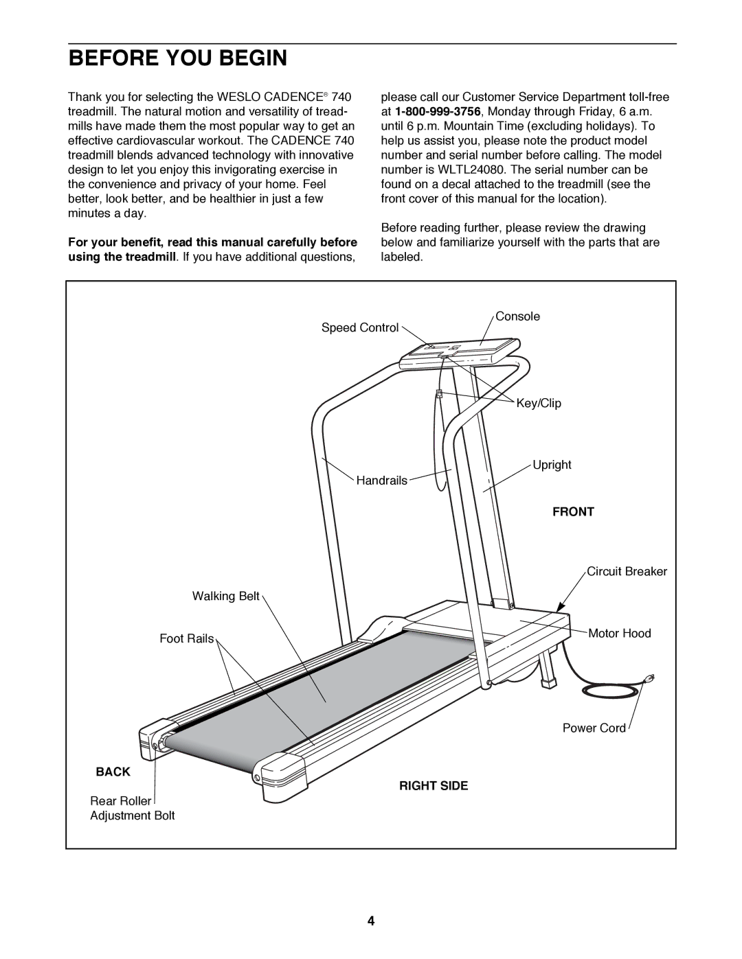 Weslo CADENCE 740 user manual Before YOU Begin, Front, Back Right Side 