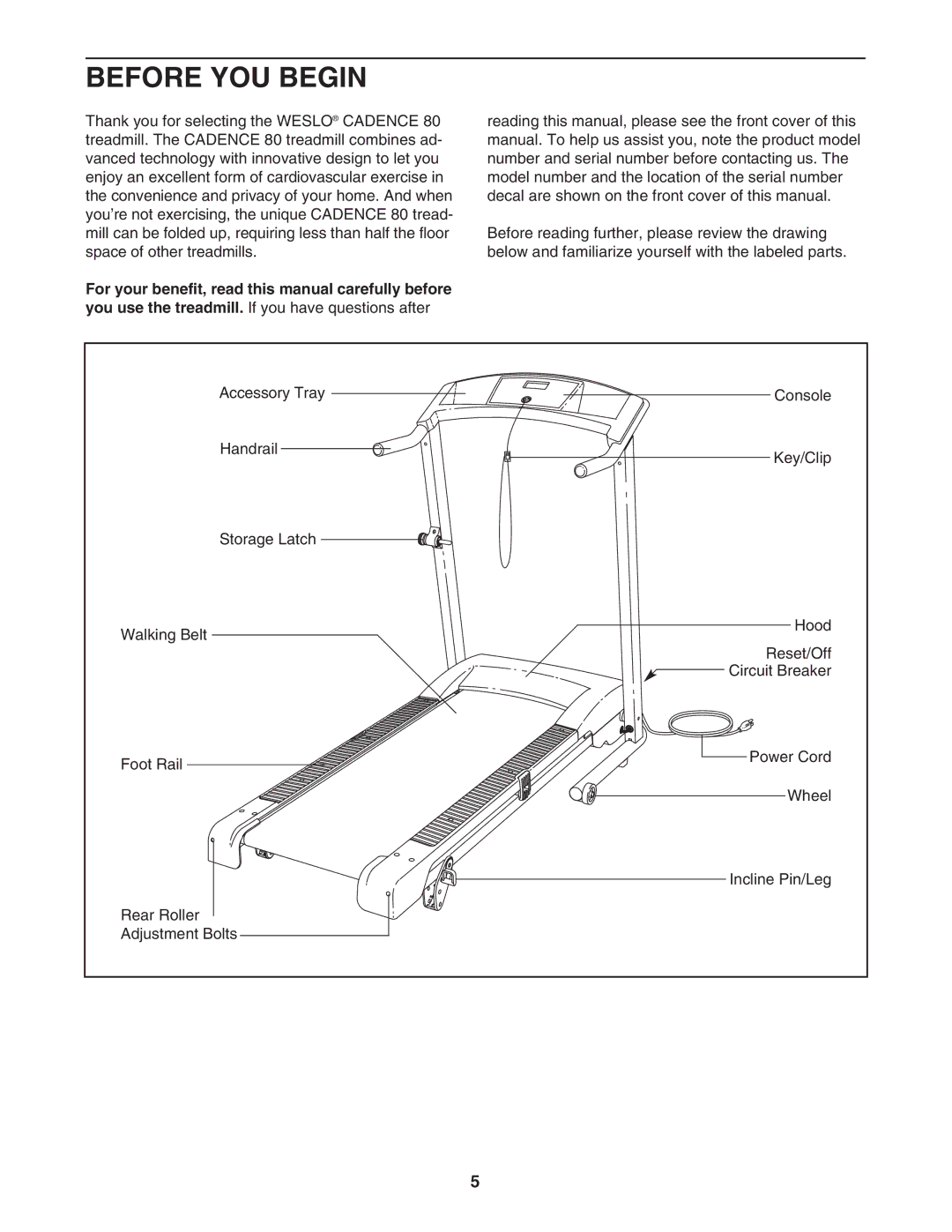 Weslo Cadence 80 user manual Before YOU Begin 