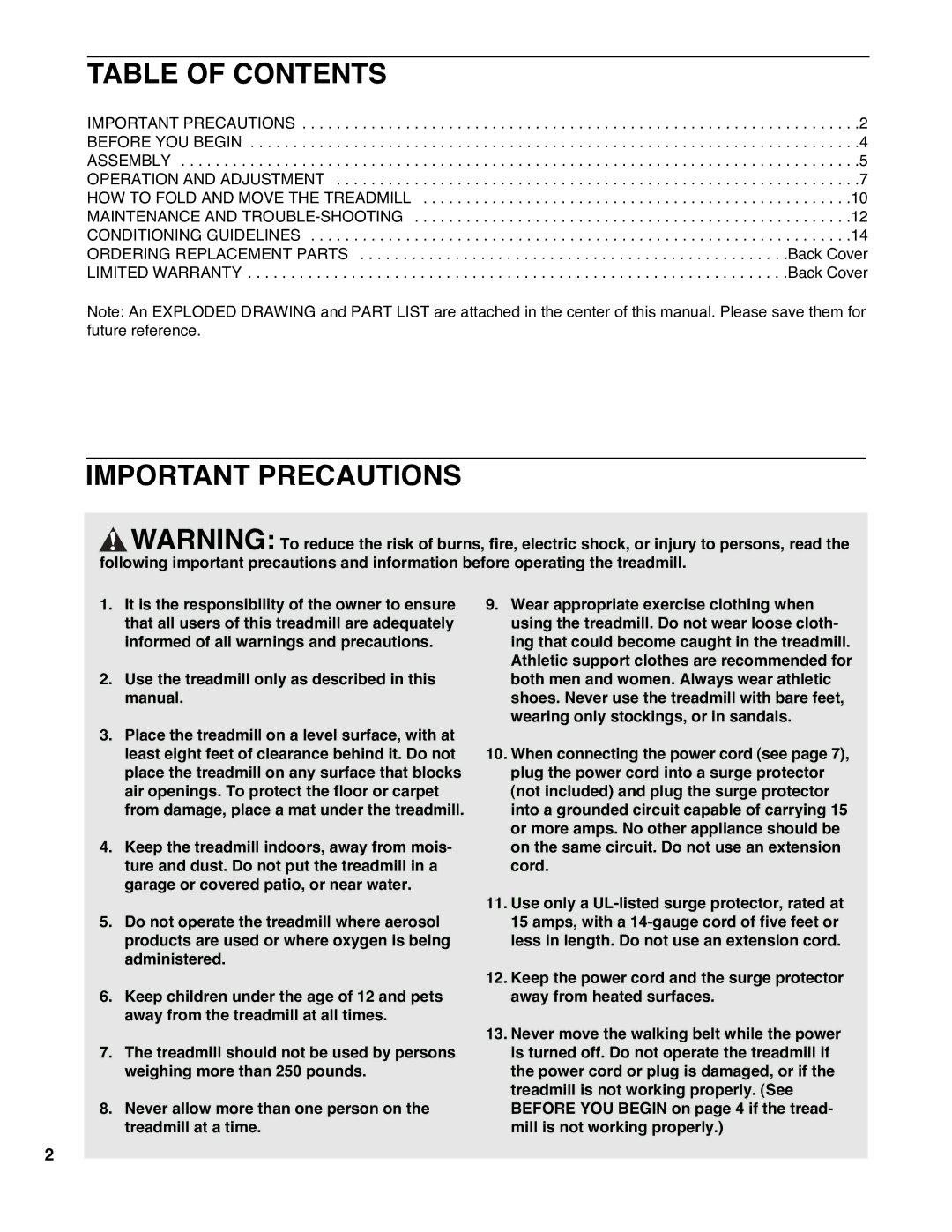 Weslo Cadence DL40 user manual Table of Contents, Important Precautions 