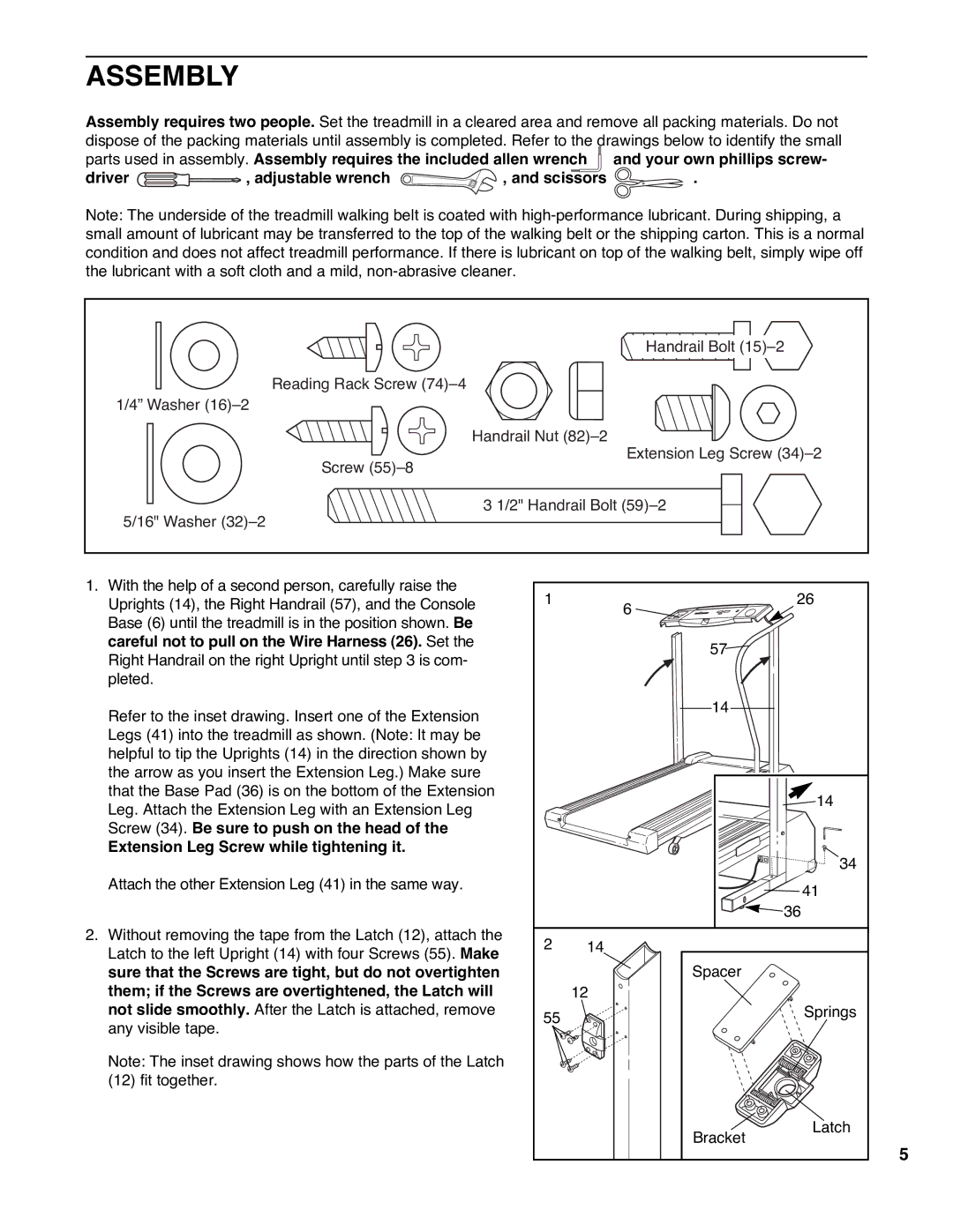 Weslo Cadence DL40 user manual Assembly, Driver , adjustable wrench , and scissors, Extension Leg Screw while tightening it 