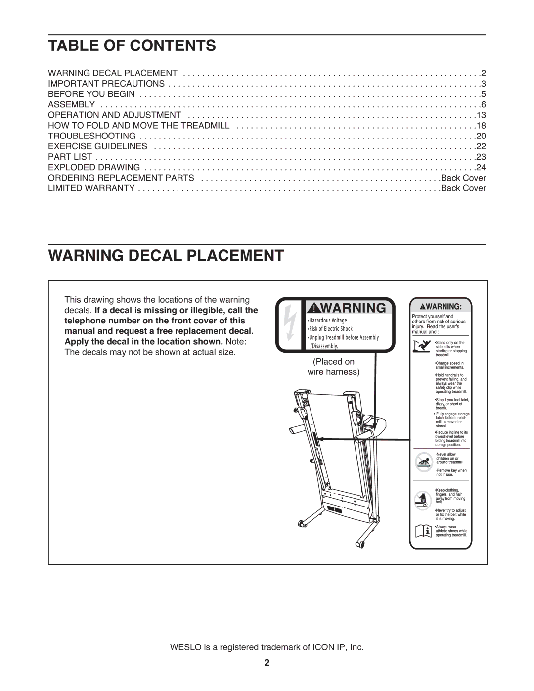 Weslo CT58 user manual Table of Contents 