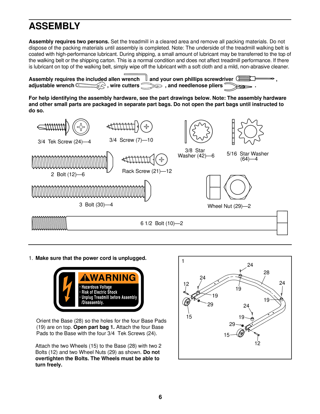 Weslo DS10 user manual Assembly, Make sure that the power cord is unplugged 