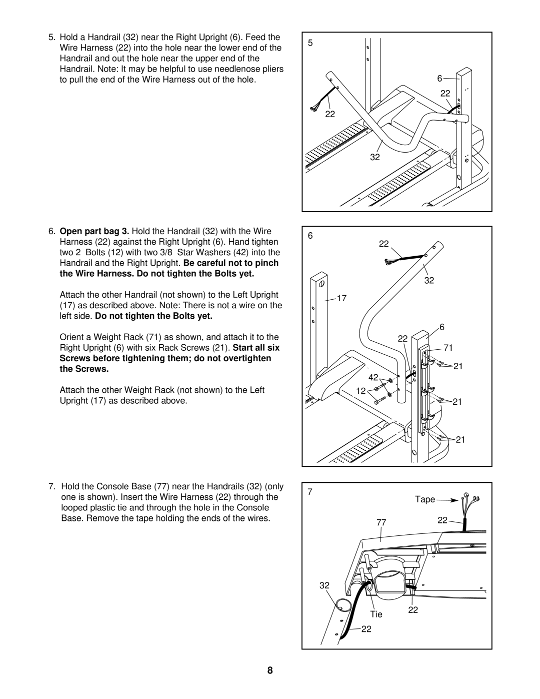 Weslo DS10 user manual Screws before tightening them do not overtighten the Screws 