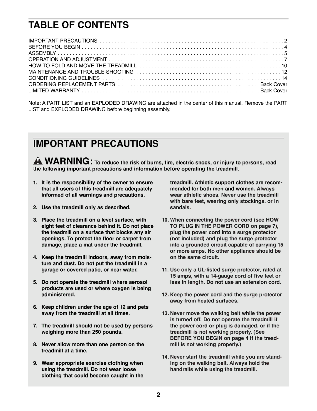 Weslo DX10 user manual Table of Contents, Important Precautions 