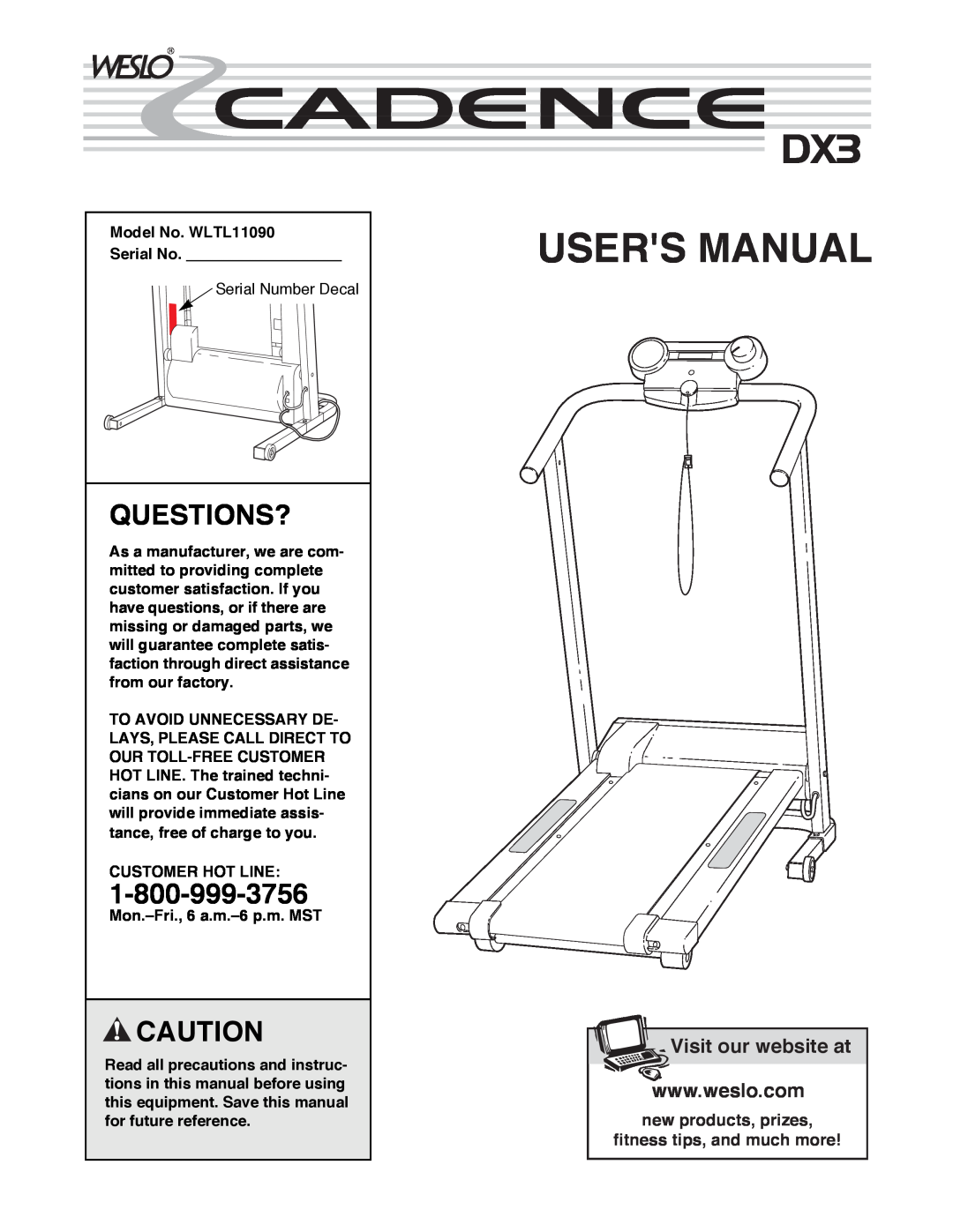 Weslo DX3 user manual Questions?, Users Manual, Visit our website at, new products, prizes fitness tips, and much more 