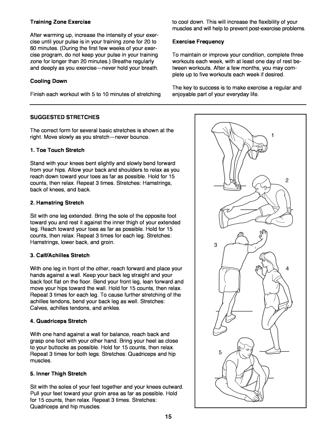 Weslo DX3 user manual Training Zone Exercise, Cooling Down, Exercise Frequency, Suggested Stretches, Toe Touch Stretch 