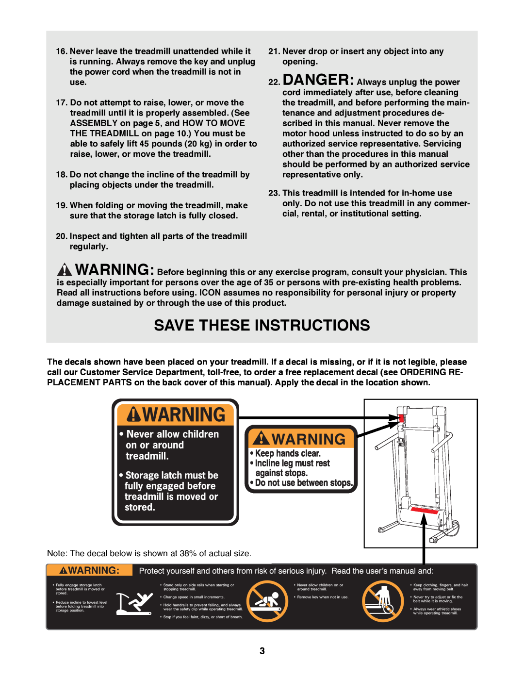 Weslo DX3 user manual Save These Instructions 